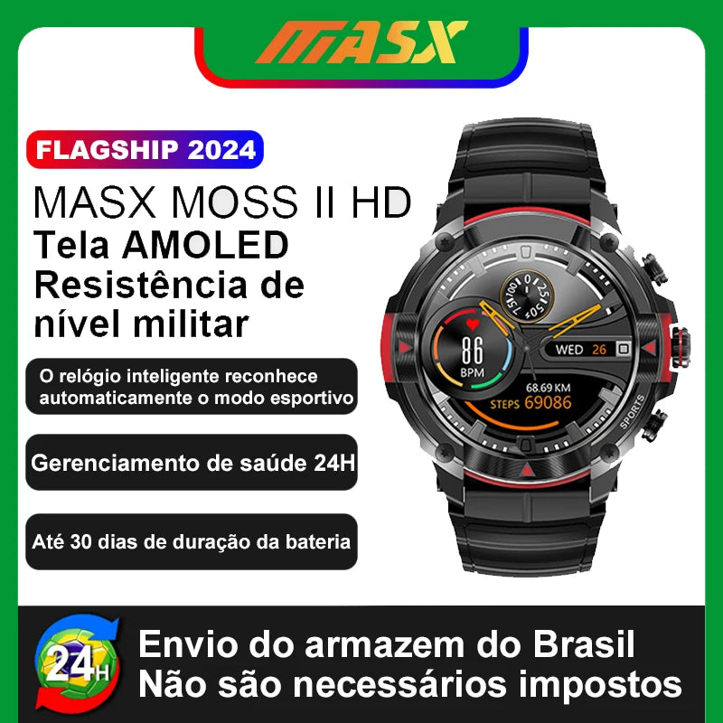 Relógio inteligente MASX MOSS ll 1,43" AMOLED display 420mAH chamada bluetooth resistência de nível militar, relógio esportivo à prova d'água masculino